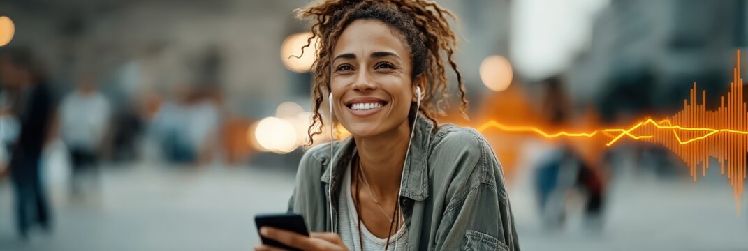 Young woman listening music using smartphone and earphones outdoors