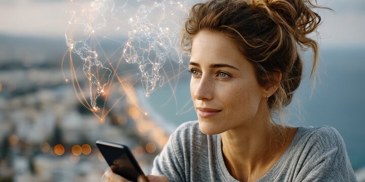 Businesswoman using smartphone with global network hologram, connecting to the world