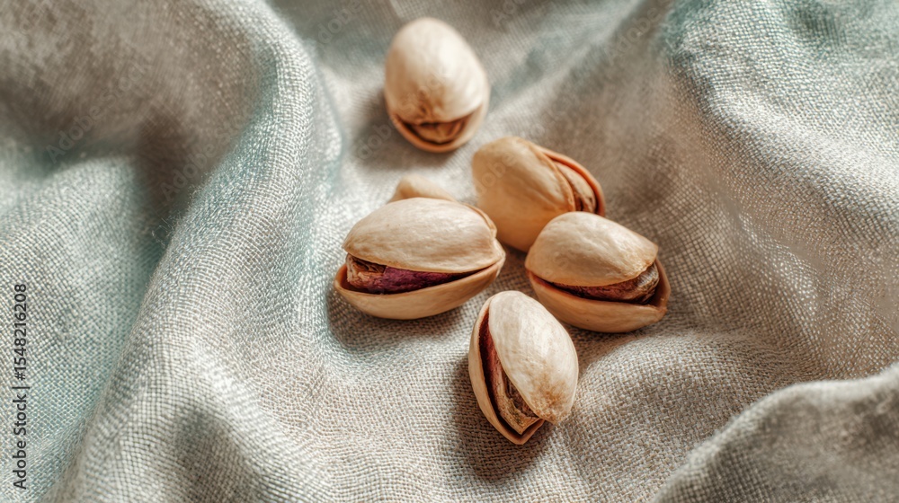 Poster delicate arrangement of pistachio shells resting on soft fabric in a calming light