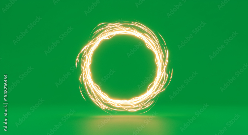 Poster a glowing yellow circle with wispy lines on a green background creating a portal like effect on the 