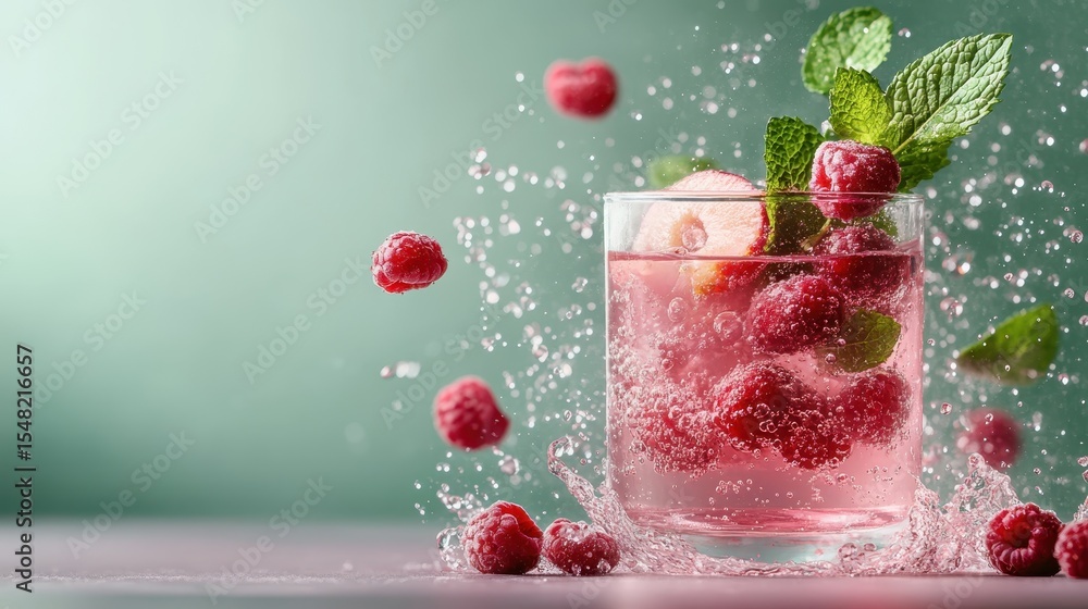 Poster a vibrant drink of refreshing raspberry and mint, enhanced by sparkling bubbles, creating an invitin