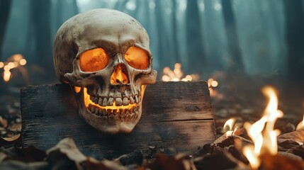 A haunting skull illuminated by a soft orange glow stands among the smoke and flames of a dark, eerie forest, embodying themes of mortality and the supernatural.