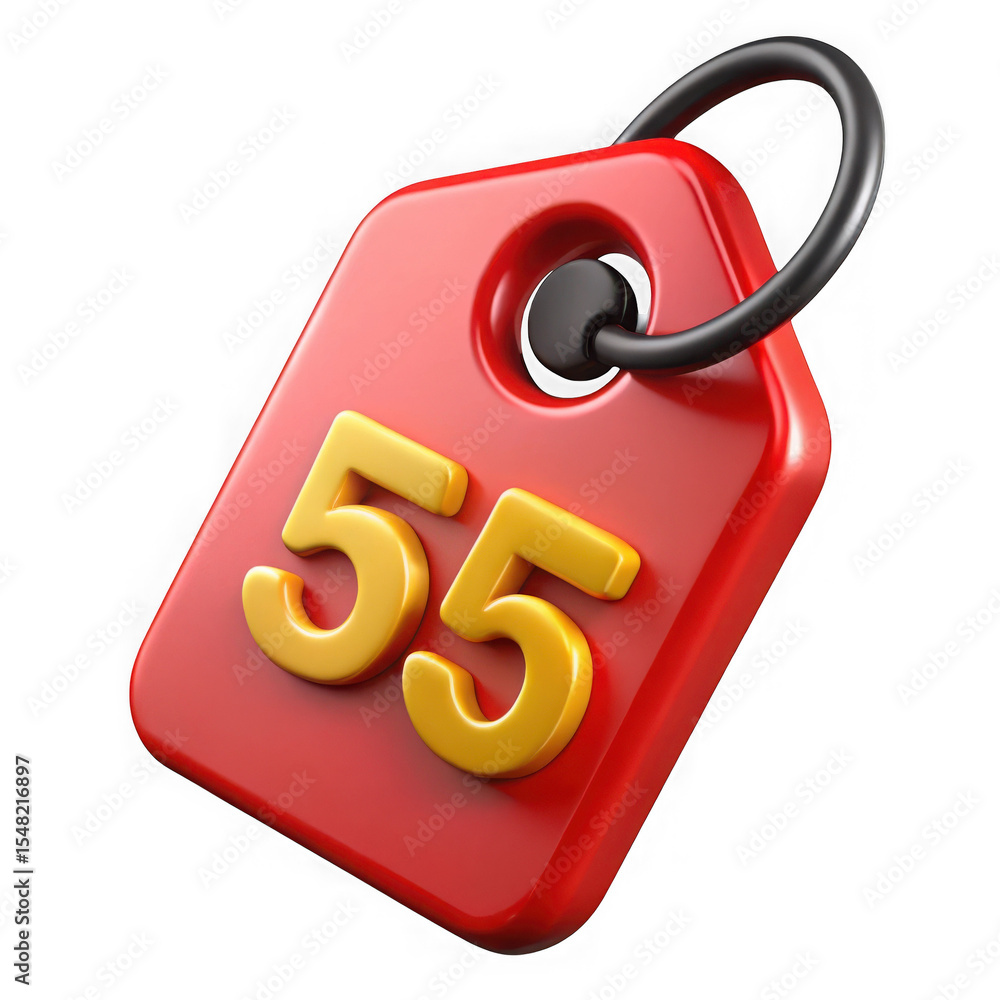 Poster red tag with number 55 isolated on transparent background
