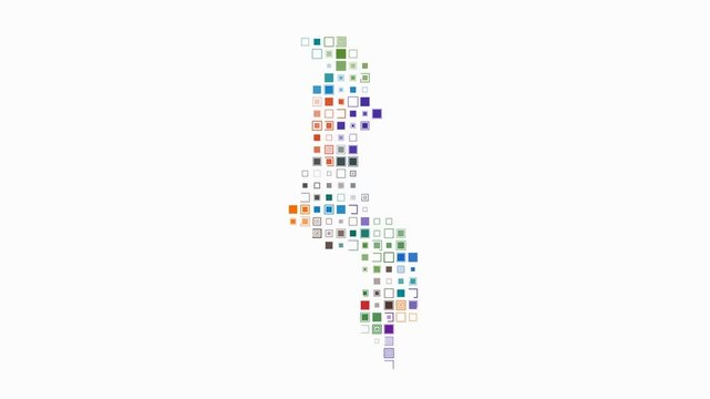 Malawi dotted animation. Shape of the country built of pulsating colored dots. Large size square blocks. Digital style map on white background. Classy video.