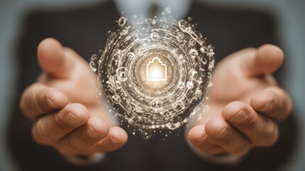 Businessman protecting digital security network with holographic lock