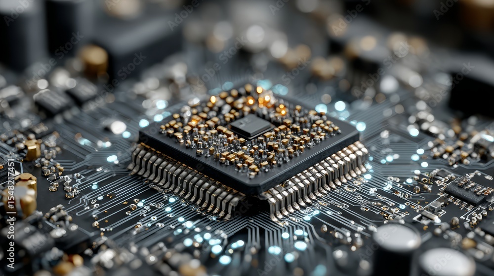 Poster close-up of modern microchip on circuit board with glowing connections