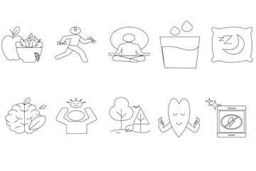 Set of 10 healthy lifestyle vector icons in flat minimal line style – wellness, food, meditation, exercise.