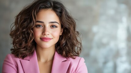 Obraz premium A confident young woman wearing a chic blush blazer presents a bright smile, embodying empowerment, ambition, and professionalism in today’s dynamic work environment.