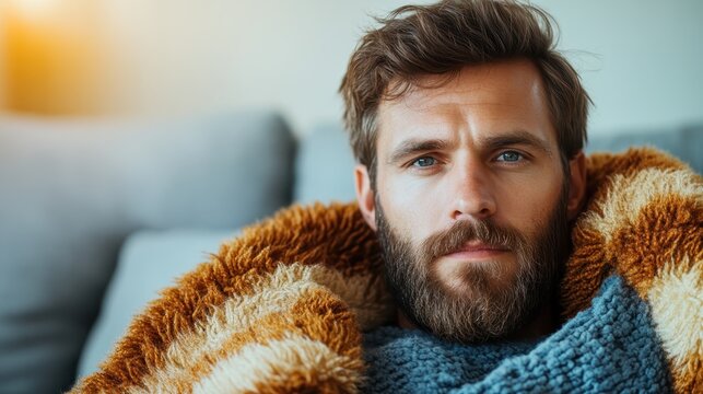 A man lost in thought snuggles in a cozy blanket, embodying comfort and introspection, representing the essence of solitude and serenity in a tranquil indoor space.
