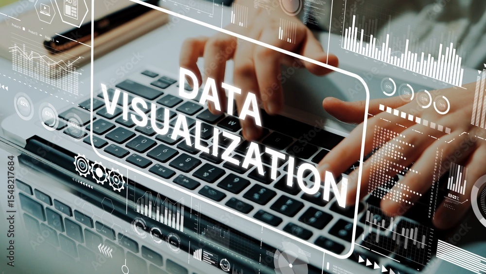 Poster data visualization concept with hands typing on laptop keyboard surrounded by digital graphs and cha