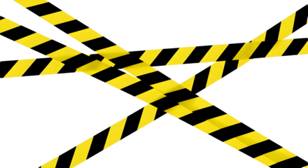 Yellow caution tape arranged in a crisscross pattern on a transparent background. The tape features diamond shapes, indicating a warning or restricted area.