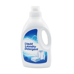 A bottle of liquid laundry detergent with a blue label. The bottle is white with a handle and a screw cap. It features images of clean clothes and bubbles.