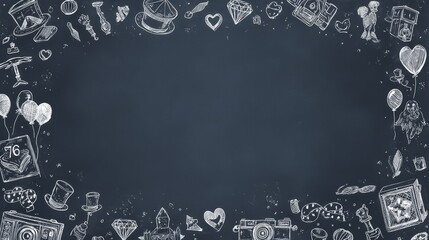 Chalkboard background with hand-drawn doodles of cameras, balloons, and hearts
