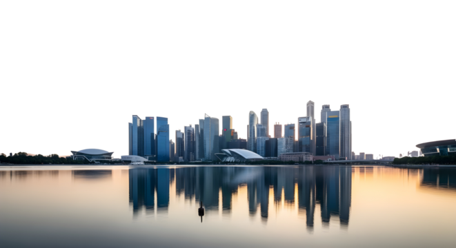 City skyline with modern skyscrapers reflected in water. The background is transparent, highlighting the architectural features and symmetry of the buildings.