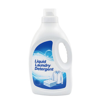 A bottle of liquid laundry detergent with a blue label. The bottle is white with a handle and a screw cap. It features images of clean clothes and bubbles.