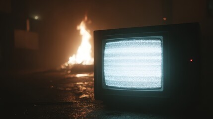 Obraz premium Static on retro tv in dark room with bonfire in background