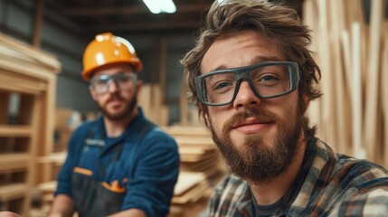 This image features two workers in a woodworking shop, highlighting their camaraderie and dedication while wearing safety gear in a vibrant workspace filled with wood.