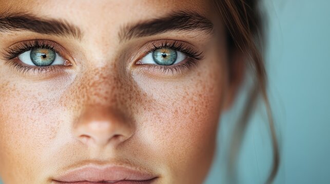 This captivating close-up image features a young woman with striking blue eyes and freckles, showcasing her natural beauty against a soft, blurred background.