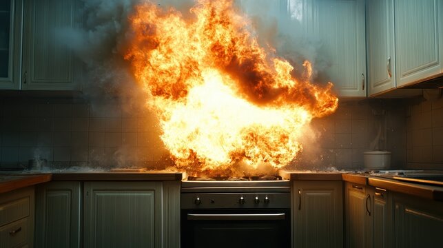 A dramatic kitchen explosion fills the scene with flames and smoke, highlighting the danger of fire hazards and the importance of safety in everyday cooking environments.
