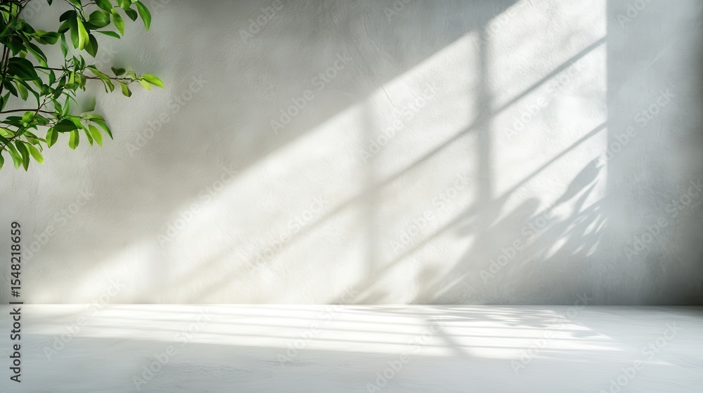 Poster a minimalist interior view featuring soft natural light casting shadows on a plain wall, creating a 