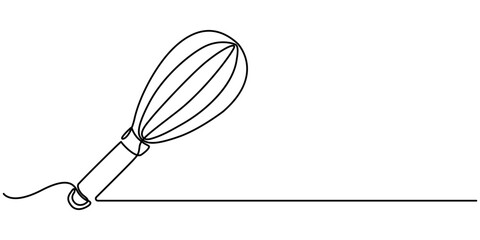 Continuous one line drawing whisk. Stock vector illustration, Whisk Kitchen Icon In Line Style, Recipe continuous line drawing with color shapes,  Single one line drawing Manual Mixer, Cooking. 