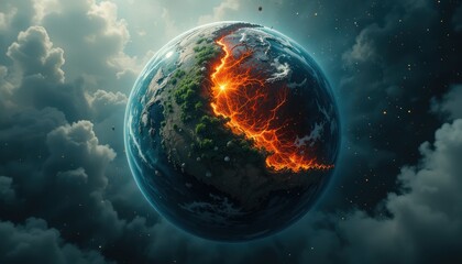 A fractured planet Earth, engulfed in fiery destruction and dark clouds, depicts environmental apocalypse.