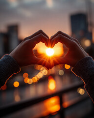 Fingers folded into a heart shape frame the setting sun against a blurred city street background. Romantic holiday and love concept. For Valentine's day. Close-up shot for poster, social media, design