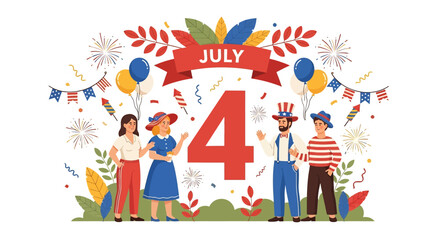 Adobe illustrator artwork vector illustration: Diverse people celebrate the 4th of July with patriotic banners, balloons, and fireworks, surrounding a large 