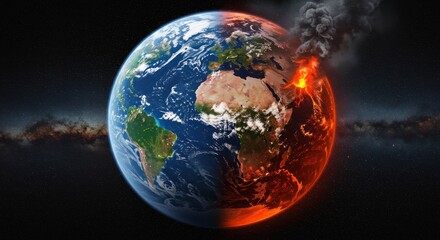 Earth depicted in two halves: one side shows a healthy planet, the other depicts a burning, polluted world.