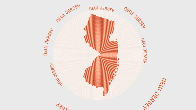 New Jersey shape with dynamic circles visual effect. Animation of New Jersey logo appearing from rotating rings and State name around the shape. Intro, opening, closing, logo video.