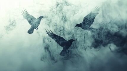 Silhouettes of flying birds on cloudy sky in conceptual black and white peaceful dramatic tone