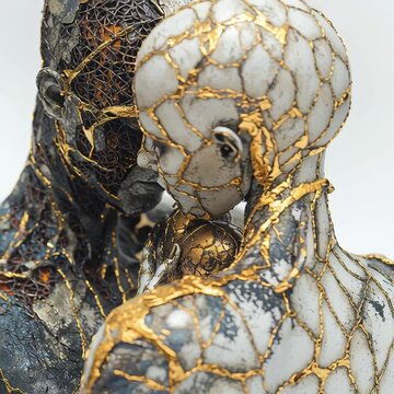 Artistic sculptures of two human figures embracing, featuring cracked textures with gold accents, symbolizing connection, healing, and resilience
