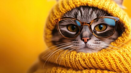 A cute cat wrapped in a vibrant yellow sweater with stylish glasses, projecting an aura of charm and playfulness, perfect for attracting attention on stock platforms.
