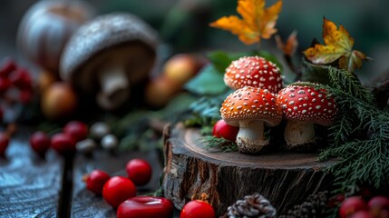 Red mushrooms in forest setting with pinecones and berries on natural woodland background scene