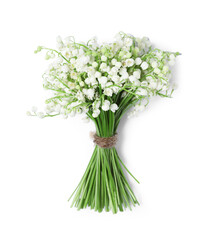 Bouquet of beautiful lily-of-the-valley flowers isolated on white, top view