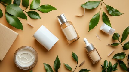 Natural skincare product set on beige background with leaves flat lay eco cosmetic beauty concept