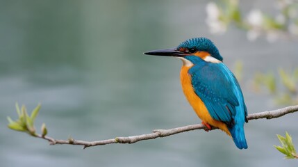 Fototapeta premium Vibrant kingfisher perched on a branch in natural habitat with soft out-of-focus background