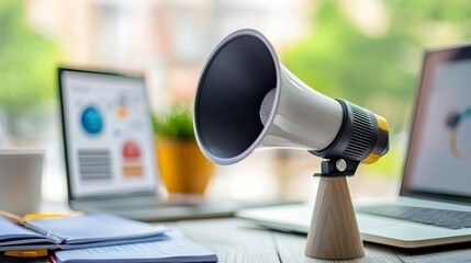 Desk with megaphone and marketing workspace tools showing digital promotion business advertising communication strategy