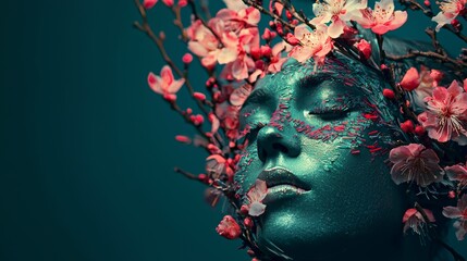 Fantasy portrait of woman with floral headpiece and painted skin in surreal artistic dreamlike setting