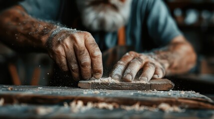 An aged craftsman is deeply focused on his woodworking, hands skillfully shaping a piece of wood, portraying dedication and the beauty of handmade craftsmanship in every creation.