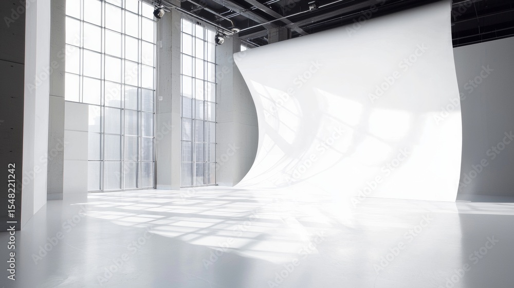 Poster empty white studio with seamless paper backdrop and natural light creating minimalist professional p
