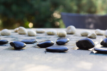 zen stones on wooden background