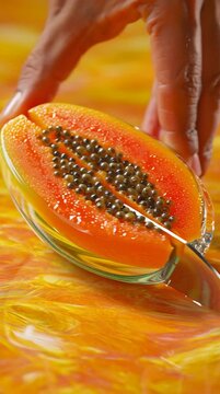 Close-up of a hand holding a halved ripe papaya with black seeds on a bright yellow and orange background