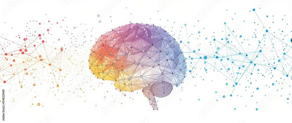 Poster a diagram of a brain isolated and colored, in the style of multifaceted geometry, confetti-like dots