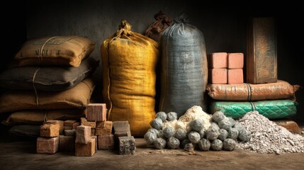 Fototapeta premium Assorted market goods and bags on wooden shelf representing rustic village lifestyle and local trade concept