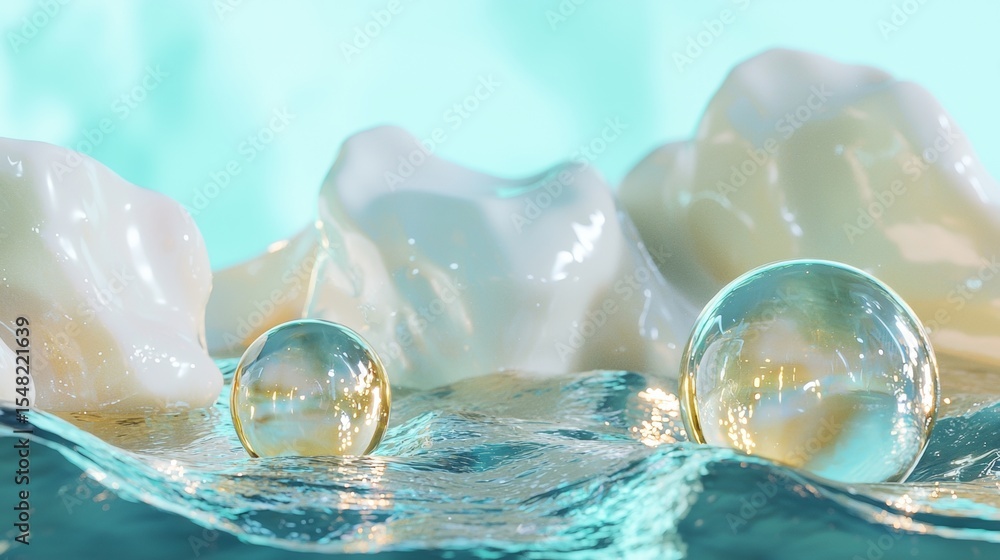 Poster Transparent bubbles floating on water surface with ice and wave reflections in dreamy surreal background