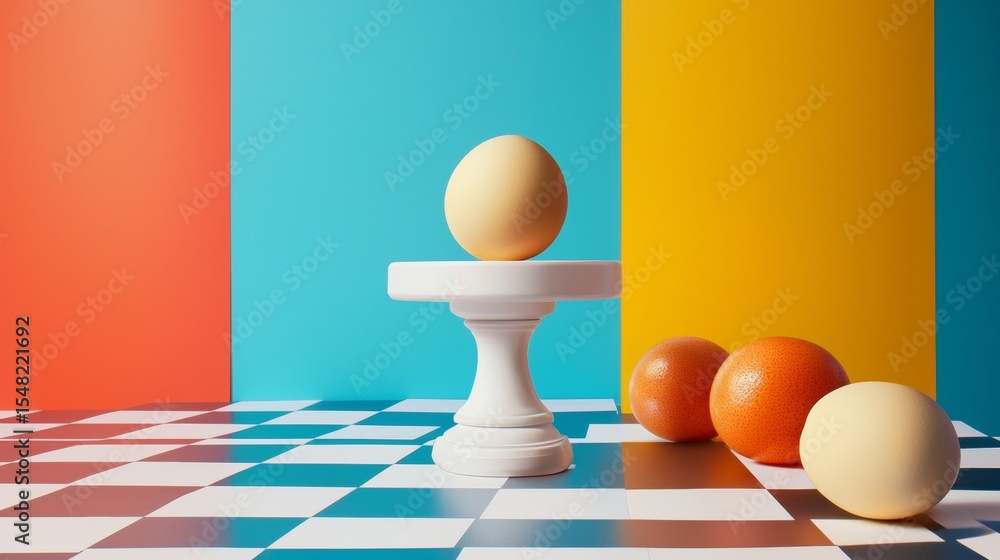 Poster geometric composition of spheres and platform with colorful background representing bold minimal dig