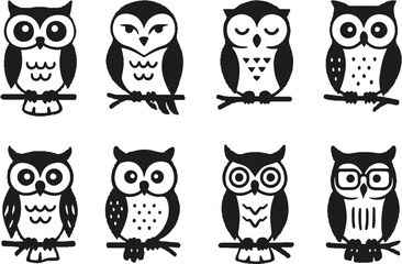 Cute Cartoon Owl Set Sitting on a Branch in Vector Illustration Style