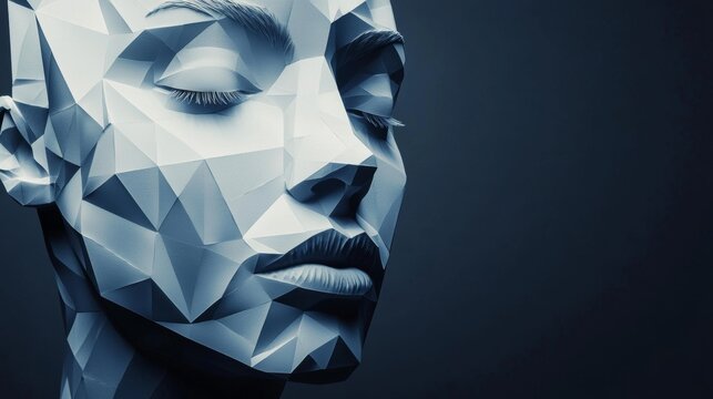 Low poly sculpture of female face in dark blue tone showing futuristic abstract digital 3d art style