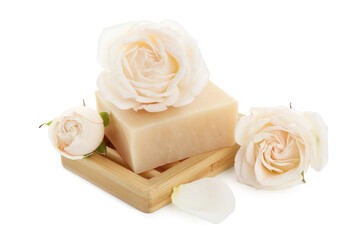 Aromatic soap bar and roses isolated on white